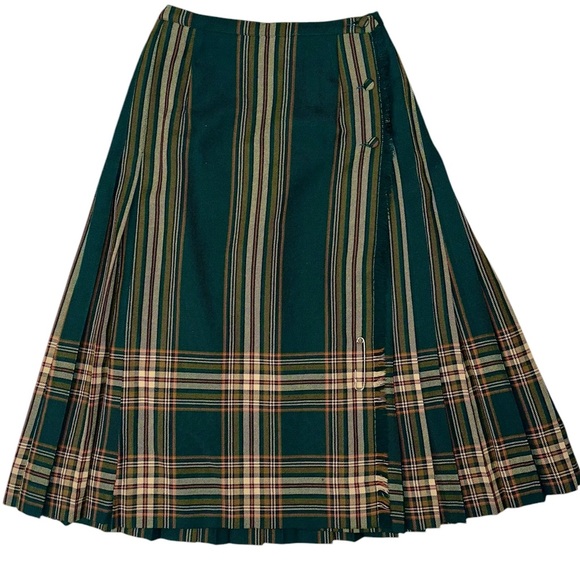 Vintage ALJEAN Canada 100% Green Plaid Wool Pleated Academia Wrap Skirt ~ Size M - Picture 2 of 10